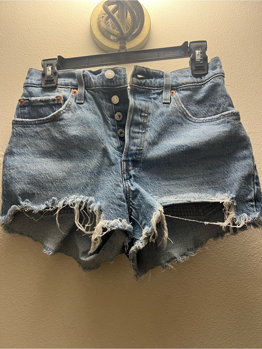 Levi's Light Blue High-Waist Distressed Denim Shorts
